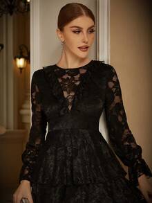 Eilly Bazar Ruffle Trim Flounce Sleeve Lace Party Dress - Black - View 7