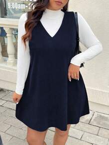 SHEIN Frenchy Plus Size Casual Corduroy Sleeveless V-Neck Dress - Navy Blue - View 5
