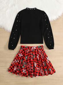 SHEIN 2pcs/Set Tween Girls Stand Collar Beaded Tight-Fitting T-Shirt And Plaid Bow-Tie Mini Skirt, Christmas - Red - View 5