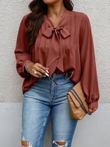 SHEIN Unity Plus Size Women's Solid Color Long Sleeve Tied Collar Loose Blouse, Elegant For Autumn Fall Cloth For Women - Redwood - View 1