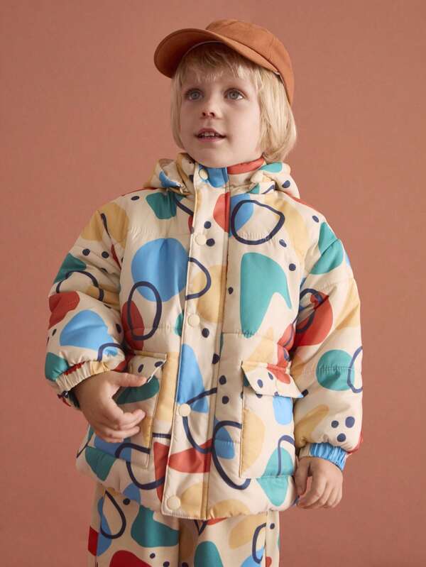 THE HAPPY LOOK Young Boy Geometric Print Long Sleeve Hooded Casual Padded Coat For Everyday Wear, Autumn/Winter