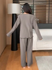 DAZY Simple Front Open Long Sleeve Pajama Set