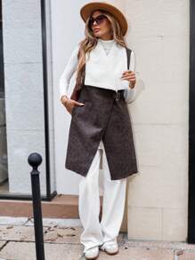 SHEIN LUNE Áo khoác vest dài cổ lông cừu dày dặn thường ngày cho nữ, dáng rộng, mùa thu/đông - Màu nâu  Mocha - Xem 4