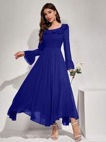 Modelyn Vestido de mujer de unicolor elegante con mangas acampanadas y volantes en el bajo, vestido largo de noche de otoño para mujer - azul real - Ver 4
