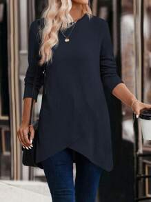 SHEIN LUNE Women's Solid Color Round Neck Long Sleeve Casual Loose T-Shirt, Autumn Fall Cloth For Women