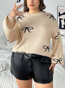 SHEIN Privé Plus Size Women Jacquard Knit Pullover Sweater With Bow Design, French Style Warm Knitwear, New For Autumn/Winter - Multicolor - View 6