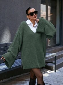 SHEIN Casual oversized trui met diepe V-hals en dubbele uitlopende mouwen