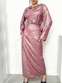Al Najma 女式长袖修身优雅垂坠领阿拉伯风格端庄连衣裙全长全覆盖超长端庄连衣裙适合日常休闲/工作/度假/晚会/婚礼宾客 - 中紫紅色 - 查看 5