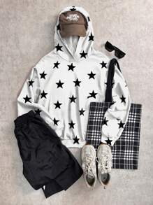 Muchica Women's All Over Star Print White Casual Loose Thin Hoodie Sweatshirt, Suitable For Autumn And Winter