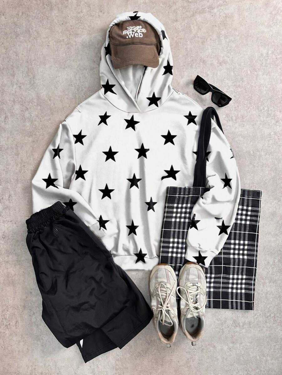 Muchica Women's All Over Star Print White Casual Loose Thin Hoodie Sweatshirt, Suitable For Autumn And Winter