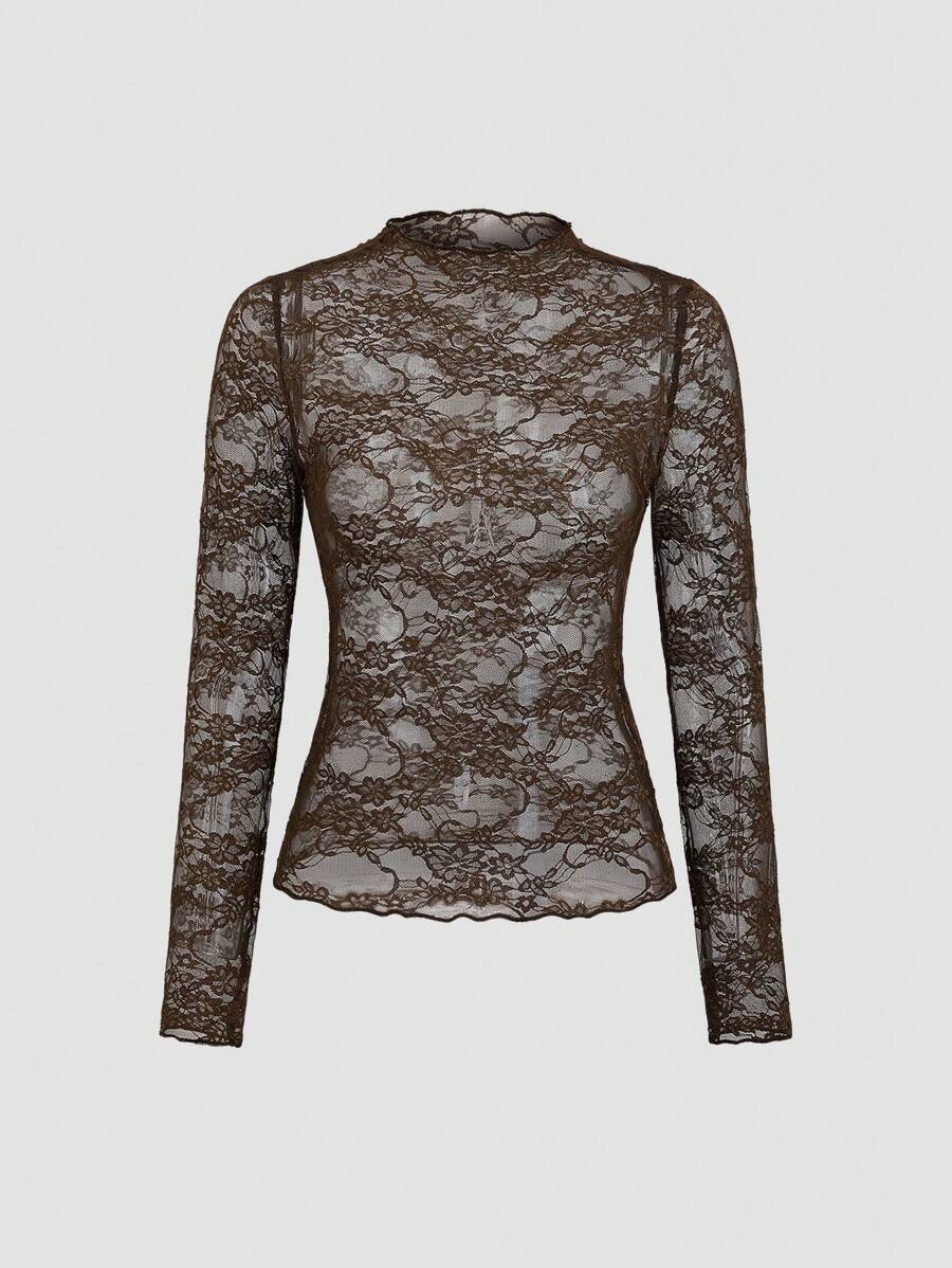 Sweetra Lace Solid Stand Collar Ruffle Sheer Long Sleeve Blouse (Random Cut) - Chocolate Brown - View 1