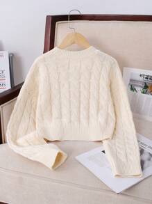 SHEIN Suéter corto de punto de cable en color beige liso con hombros caídos para niña preadolescente, para uso diario