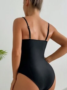 Swim Chiccia 1 件女式可拆卸肩带镂空海星点缀褶皱连体泳衣夏季 - 黑色 - 查看 2