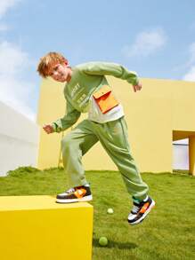 SHEIN 2pcs Boys' Outdoor Sports Set - Colorblock Warm Fleece Hooded Sweatshirt And Zip-Up Track Pants, Winter