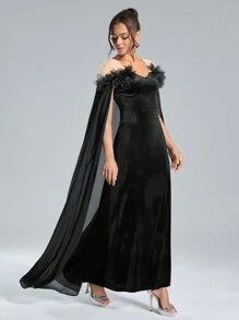 SHEIN Belle SHEIN Belle Herbst- und Winter-Bankett-Partymode, elegantes und luxuriöses schwarzes Abendkleid aus elastischem Samt mit enger Taille und übergroßem Rock, formelles Abendkleid für Damen im Herbst und Winter, dreidimensionales 3D-Blumendesign am Ausschnitt verleiht Mode und Eleganz, kann zu Partys, Banketten und Weihnachten getragen werden