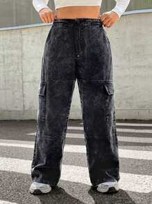 CovetEZ Plus Size Vintage Heavily Washed Street-Style Pocket Black Pants, Autumn/Winter - Black - View 4