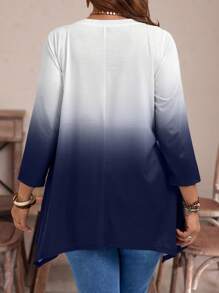 EMERY ROSE 大码休闲渐变色不对称下摆夏季 T 恤，秋季 - 藏蓝色 - 查看 2