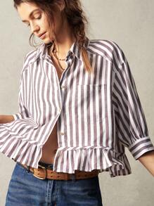Bohemela Vacation Woven Striped Shirt For Women With Collar, 3/4 Ruffle Sleeve And Loose Fit - Brown - View 4