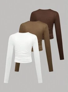 SHEIN Girlism 3pcs Teen Girl Solid Round Neck Floucing Casual Long Sleeve T-Shirt Set