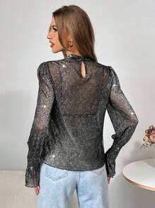 SHEIN Essnce Sexy Long Sleeve Tops Sexy Black Top Women's Autumn Fashionable Glittering See-Through Puff Sleeve T-Shirt