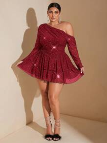 SHEIN BAE Plus Size Fall Elegant Sweet Sexy Woman Shiny Sequin Mesh Asymmetrical Oblique Shoulder Long Sleeves Cascading Ruffle Hem Mini Dress Fairy Core Dress