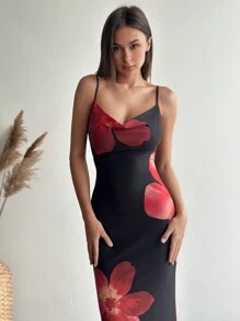 Aloruh Women Sexy V-Neck Sling Backless Mesh Floral Print Bodycon Mini Dress - Multicolor - View 3