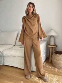 SHEIN Essnce 2 Stücke Damen Herbst einfarbige plissierte Langarm lose Bluse und Hose Lässig Mode Anzug - Braun - Übersicht 4