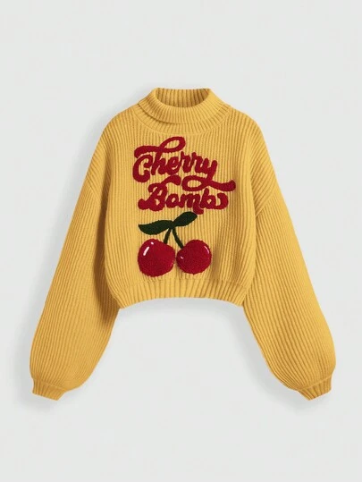 ROMWE Fairycore Cute & Pure Sweet Collegiate Cherry Embroidery High Neck Lantern Sleeve Women Sweater,Long Sleeve Tops