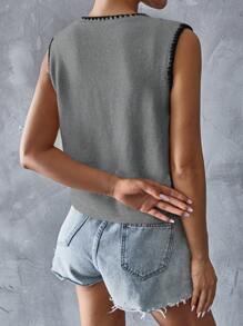 SHEIN Essnce 女士休闲撞色边饰系带毛衣背心（秋季） - 灰色 - 查看 2