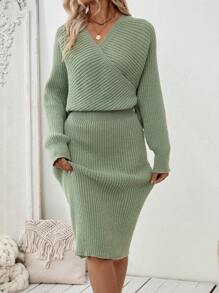 SHEIN Clasi Vestido de punto de manga larga con frente y espalda cruzados, casual para mujer en otoño/invierno - Verde - Ver 4