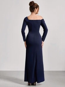 Coutiva 1 pieza Vestido largo de fiesta con mangas largas, cuello asimétrico y fruncido, Vestido elegante para banquete, fiesta de Año Nuevo, evento social, invitado de boda, vestido formal, vestido de noche