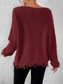SHEIN VCAY Solid Color Asymmetrical Hem Casual Long Sleeve Pullover In Fall/Winter - Burgundy - View 2