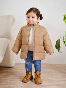 SHEIN Babygirl Solid Color Warm Fleece Jacket And Hat Set, Autumn/Winter