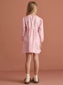 SHEIN Young Girl Casual Cartoon Cute Print Round Neck Puff Sleeve Short Dress, Autumn/Winter, Pink