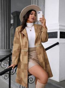 Calvaya Plus Size Women Spring Autumn Long Sleeve Casual Patchwork Zip Up Jacket - Brown - View 4