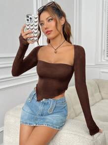 SHEIN EZwear Spring Black Long Sleeves Slim Fit Asymmetrical Wave Edge Hem Crop Tee - Chocolate Brown - View 3