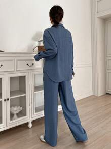 DAZY 2pcs Women Solid Color Shirt And Wide-Leg Pants Set For Casual Everyday Wear In Autumn,Fall Women Clothes Lounge Sets For Women