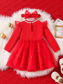 Glamorique Kids Baby Girl Christmas Red Contrast Mesh Ribbed Knit Bow Decor Elegant Dress - Red - View 2