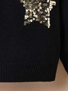 Tween Girl Thick Sparkly Star Jacquard Crew Neck Pullover Sweater, European And American Style, Suitable For Outdoor Sports, Shopping, Party, Autumn/Winter