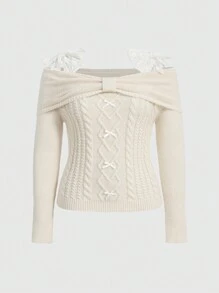 ROMWE Kawaii Plus Size Sweater For Teens, Off Shoulder Bowknot Lace Trim Design, Casual Pullover Top, Plus Size