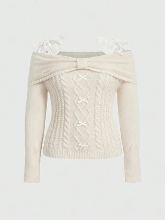 Kawaii Plus Size Sweater For Teens, Off Shoulder Bowknot Lace Trim Design, Casual Pullover Top, Plus Size
