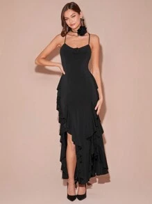 Enchnt Women's Black Dress, V Neck High Slit Ruffles, 3D Flowers, Sexy Elegant, Strapless Backless Long Dress, Christmas Dresses For Women, Party Dresses, Winter Women's Clothes,Fall Wedding Guest Dress