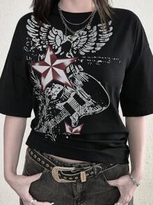 Camiseta de cuello redondo de manga corta con estampado gráfico de guitarra en estilo vintage Y2K para mujer