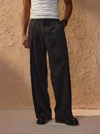 Forever 21 Men's Business Casual Black Pinstripe Wide Leg Halloween Wedding Guest Christmas Black White Pants, Fall