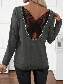 SHEIN Clasi Áo thun ren hở lưng họa tiết bướm tay dài cho nữ, áo thun họa tiết mùa thu dành cho nữ vào mùa xuân - Màu xám đen - Xem 2