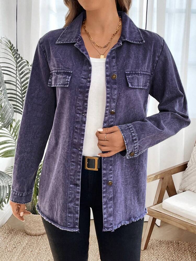 Women Casual Frayed Edge Button Front Jacket For Autumn