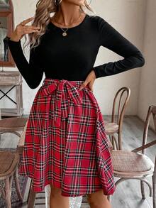 EMERY ROSE 女式格子印花系带圆领长袖中长连衣裙 - 彩色 - 查看 5