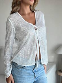 SHEIN Essnce Women's Sequin Bowknot Long Sleeve Blouse, Long Sleeve Shirt, Thanksgiving,Christmas, White,Silver-White Color, Christmas Party Top - Silver - View 3