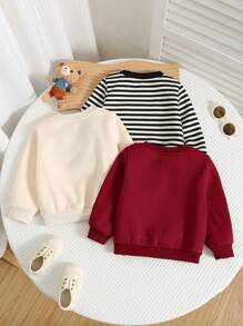 SHEIN Set de 3 sudaderas casuales con estampado de dibujos animados, de rayas negras/blancas y color caqui sólido de manga larga para niño bebé, adecuado para salidas de otoño e invierno