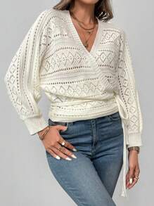 SHEIN LUNE Cardigan aperto da donna in maglia traforata con laccetti laterali, casual per l'autunno - Beige - Visualizzare 3